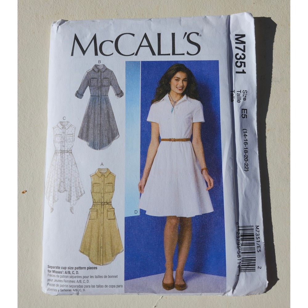 McCall's M7351 Misses Shirt Dress Sewing Pattern Size 14-22 Cup Sizes A-D UNCUT